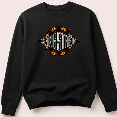 Bold graphic of the Gang Starr emblem with the text GANG STARR in black, red, and orange — printed on a unisex sweatshirt