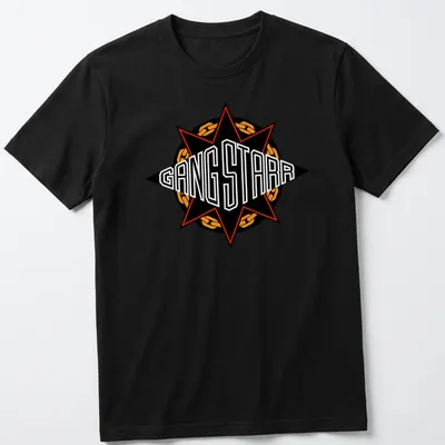 Bold graphic of the Gang Starr emblem with the text GANG STARR in black, red, and orange