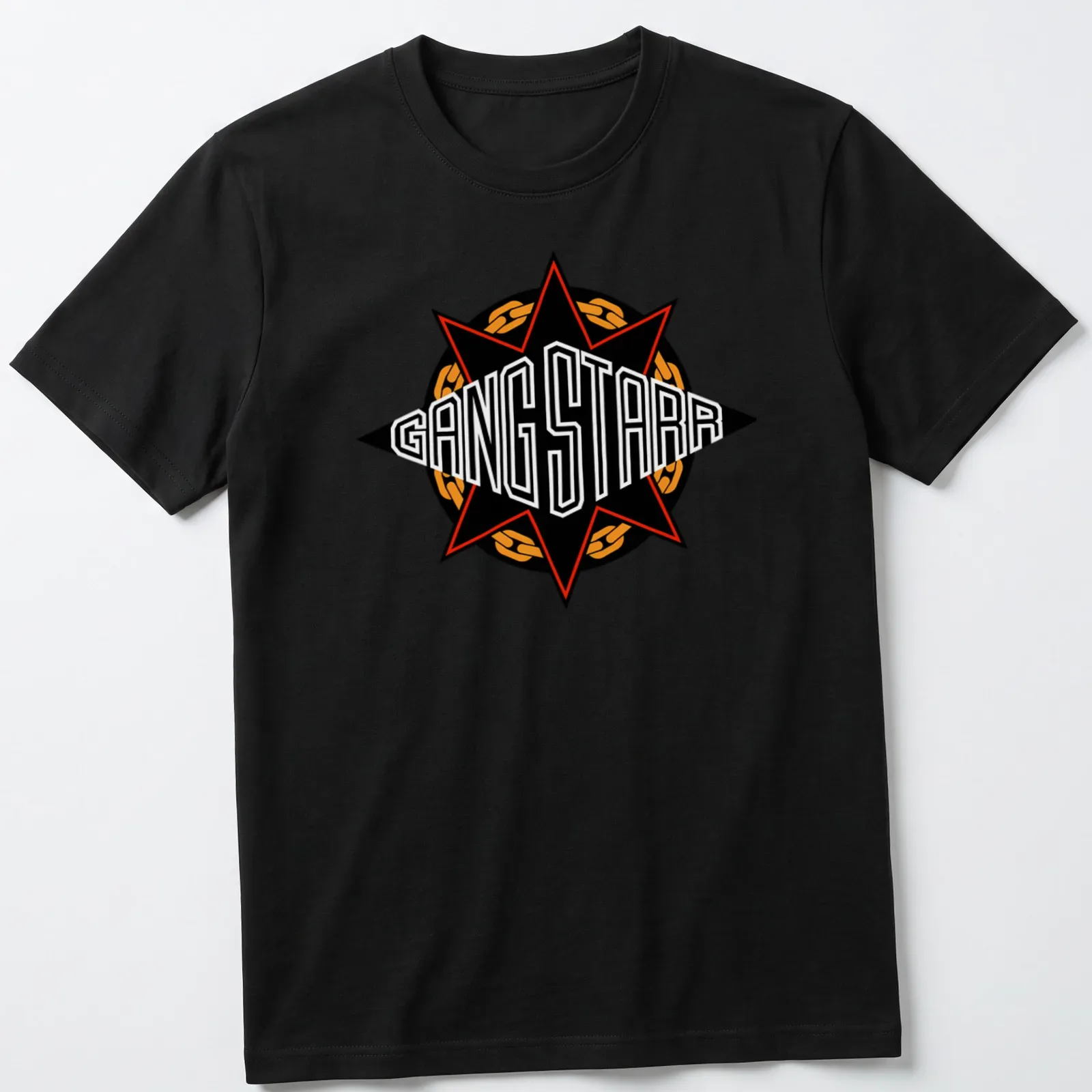 Bold graphic of the Gang Starr emblem with the text GANG STARR in black, red, and orange — printed on a unisex t-shirt