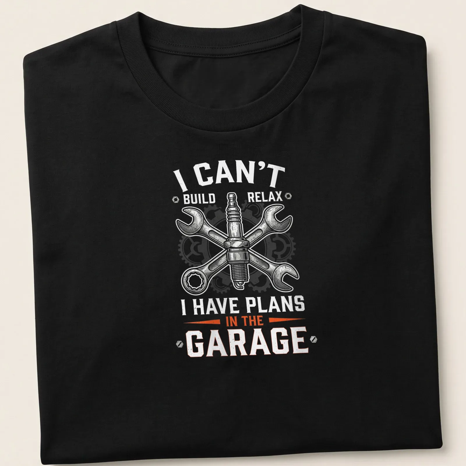 Vintage mechanical t-shirt featuring spark plug and wrenches with humorous text — printed on a unisex t-shirt