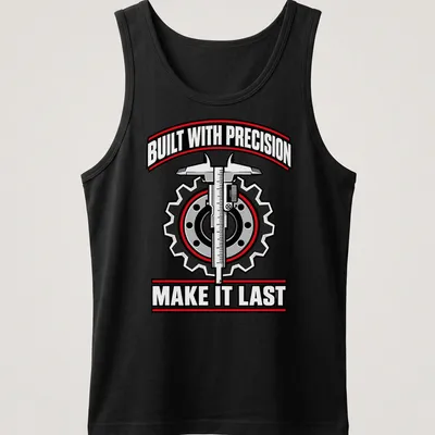 Graphic tee with gears and caliper, featuring bold text about precision — printed on a tank top
