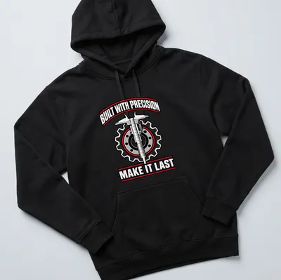 Graphic tee with gears and caliper, featuring bold text about precision — printed on a unisex hoodie