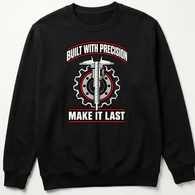 Graphic tee with gears and caliper, featuring bold text about precision — printed on a unisex sweatshirt