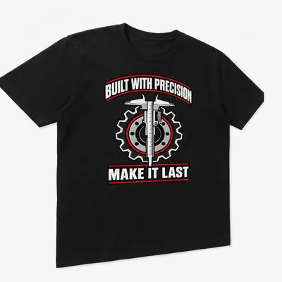 Graphic tee with gears and caliper, featuring bold text about precision — printed on a unisex t-shirt (angled view)