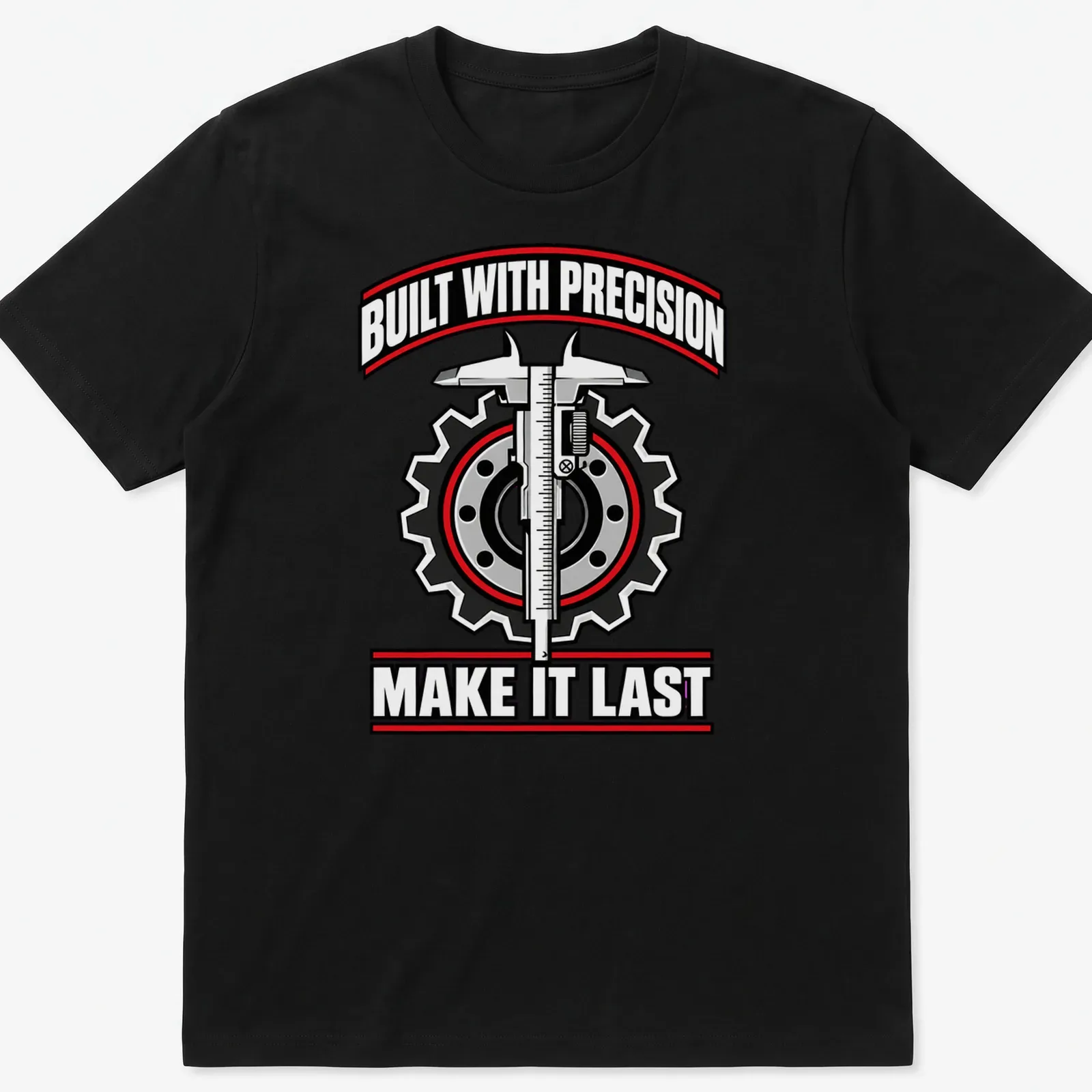 Graphic tee with gears and caliper, featuring bold text about precision — printed on a unisex t-shirt