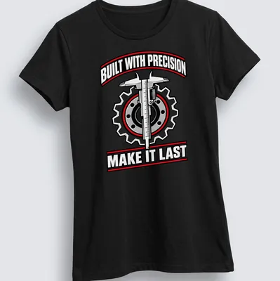Graphic tee with gears and caliper, featuring bold text about precision — printed on a women's shirt