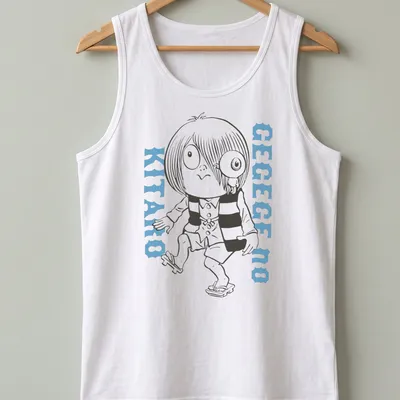 Line-art print of GeGeGe No Kitaro in black, white, and light blue colors — printed on a tank top