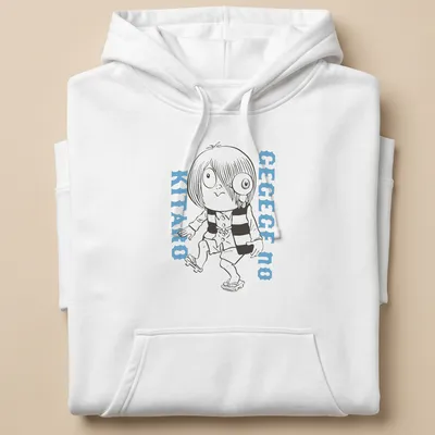 Line-art print of GeGeGe No Kitaro in black, white, and light blue colors — printed on a unisex hoodie