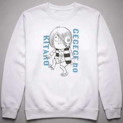 Line-art print of GeGeGe No Kitaro in black, white, and light blue colors — printed on a unisex sweatshirt