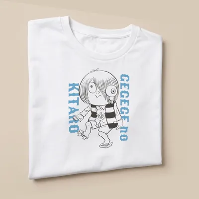 Line-art print of GeGeGe No Kitaro in black, white, and light blue colors — printed on a unisex t-shirt (angled view)