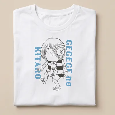 Line-art print of GeGeGe No Kitaro in black, white, and light blue colors