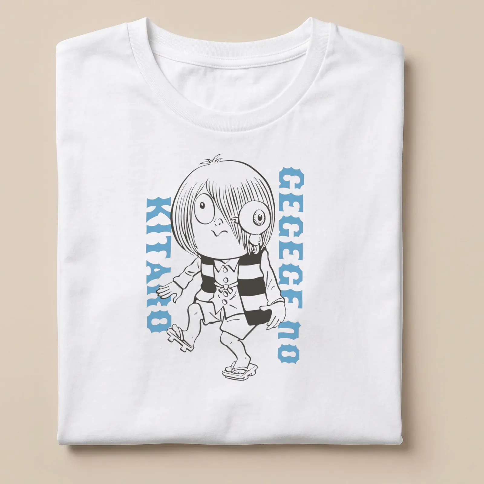 Line-art print of GeGeGe No Kitaro in black, white, and light blue colors — printed on a unisex t-shirt