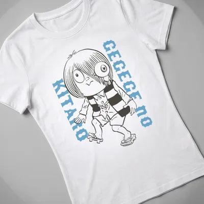 Line-art print of GeGeGe No Kitaro in black, white, and light blue colors — printed on a women's shirt