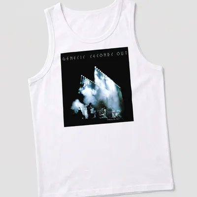 Illustration of concert stage lighting with Genesis Seconds Out printed text — printed on a tank top