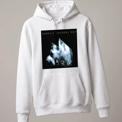 Illustration of concert stage lighting with Genesis Seconds Out printed text — printed on a unisex hoodie