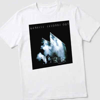 Illustration of concert stage lighting with Genesis Seconds Out printed text