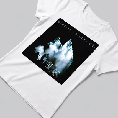 Illustration of concert stage lighting with Genesis Seconds Out printed text — printed on a women's shirt