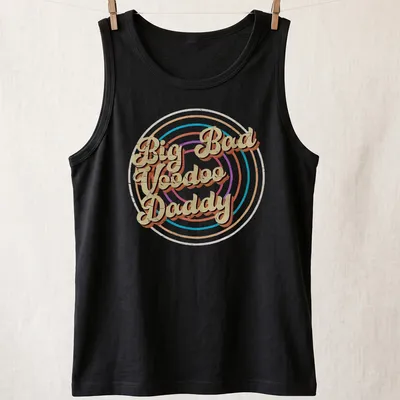 Bold geometric design with Big Bad Voodoo Daddy text in retro colors. — printed on a tank top
