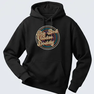 Bold geometric design with Big Bad Voodoo Daddy text in retro colors. — printed on a unisex hoodie
