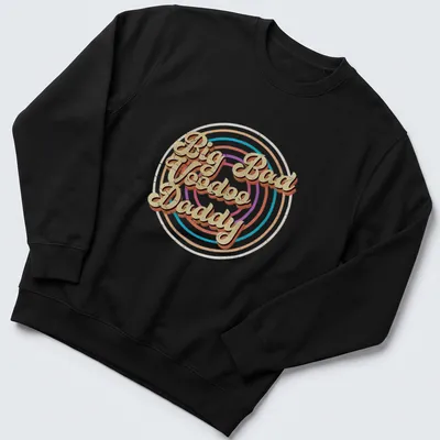 Bold geometric design with Big Bad Voodoo Daddy text in retro colors. — printed on a unisex sweatshirt