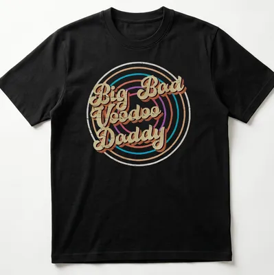 Bold geometric design with Big Bad Voodoo Daddy text in retro colors.