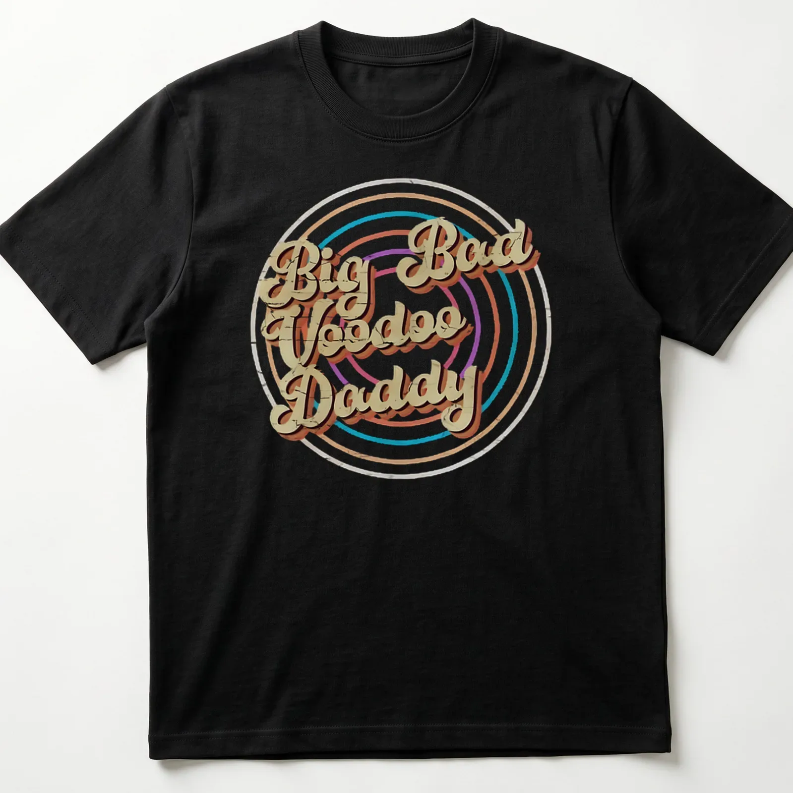 Bold geometric design with Big Bad Voodoo Daddy text in retro colors. — printed on a unisex t-shirt