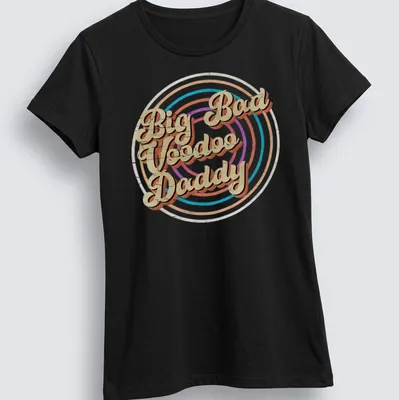 Bold geometric design with Big Bad Voodoo Daddy text in retro colors. — printed on a women's shirt