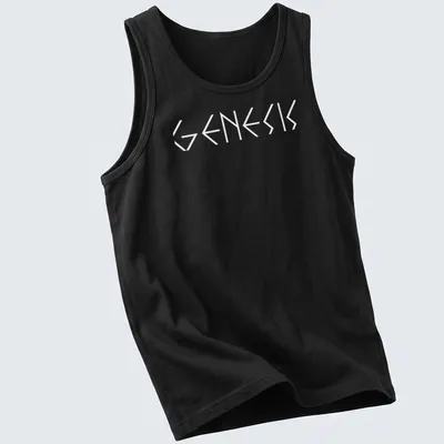 Black and white geometric typography t-shirt featuring the word Genesis — printed on a tank top