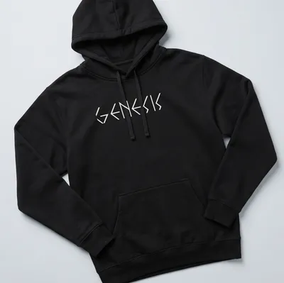 Black and white geometric typography t-shirt featuring the word Genesis — printed on a unisex hoodie