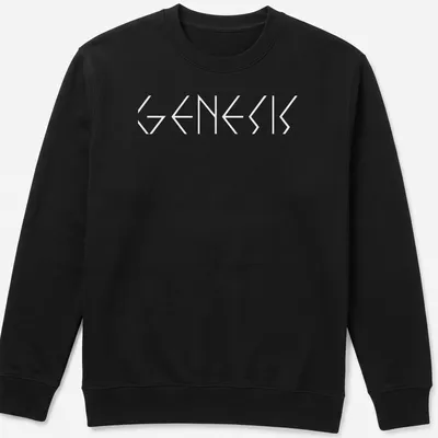 Black and white geometric typography t-shirt featuring the word Genesis — printed on a unisex sweatshirt