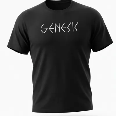 Black and white geometric typography t-shirt featuring the word Genesis