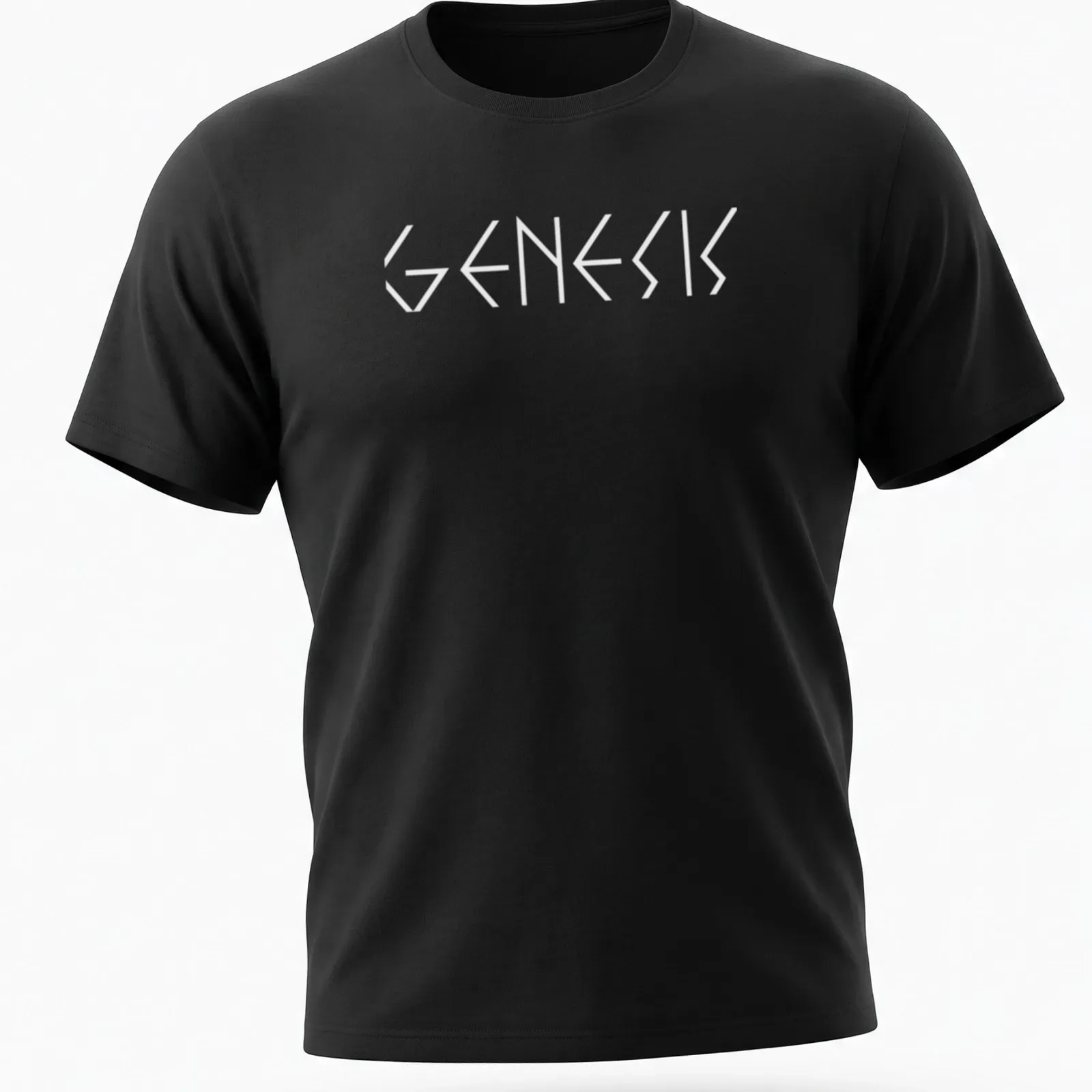 Black and white geometric typography t-shirt featuring the word Genesis — printed on a unisex t-shirt