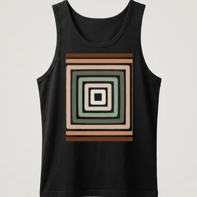 Mid-century modern geometric square pattern in earthy tones — printed on a tank top