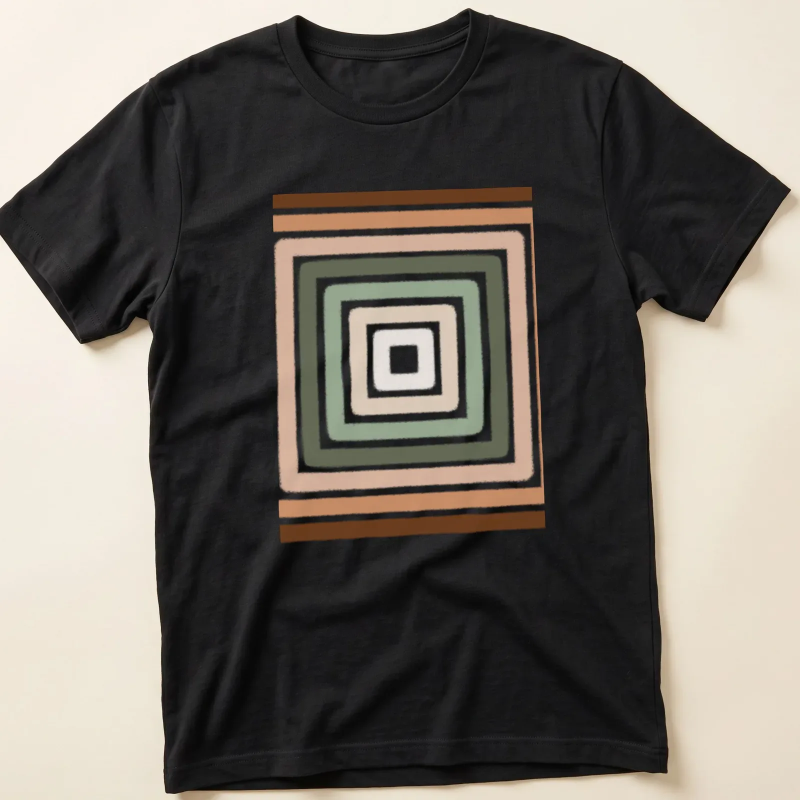 Mid-century modern geometric square pattern in earthy tones — printed on a unisex t-shirt