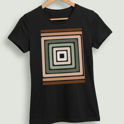 Mid-century modern geometric square pattern in earthy tones — printed on a women's shirt