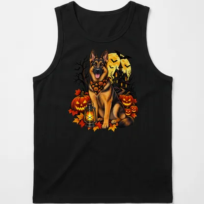 Realistic German Shepherd dog surrounded by pumpkins in Halloween theme colors — printed on a tank top