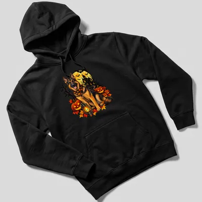 Realistic German Shepherd dog surrounded by pumpkins in Halloween theme colors — printed on a unisex hoodie