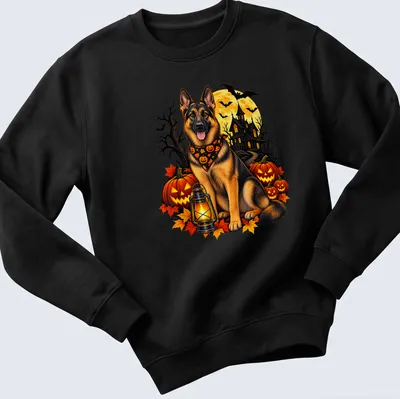 Realistic German Shepherd dog surrounded by pumpkins in Halloween theme colors — printed on a unisex sweatshirt