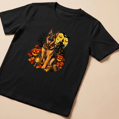 Realistic German Shepherd dog surrounded by pumpkins in Halloween theme colors