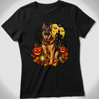 Realistic German Shepherd dog surrounded by pumpkins in Halloween theme colors — printed on a women's shirt
