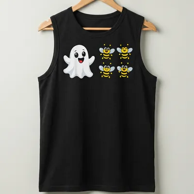 Kawaii Halloween shirt with a cute ghost and buzzing bees, printed text "Boo 4 Bees" — printed on a tank top