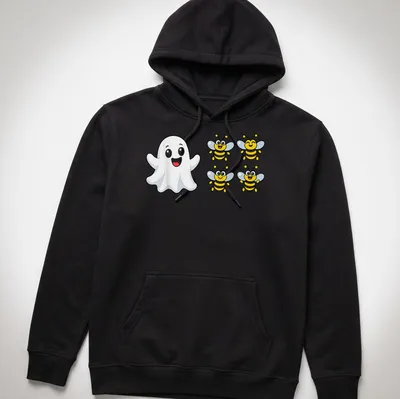 Kawaii Halloween shirt with a cute ghost and buzzing bees, printed text "Boo 4 Bees" — printed on a unisex hoodie