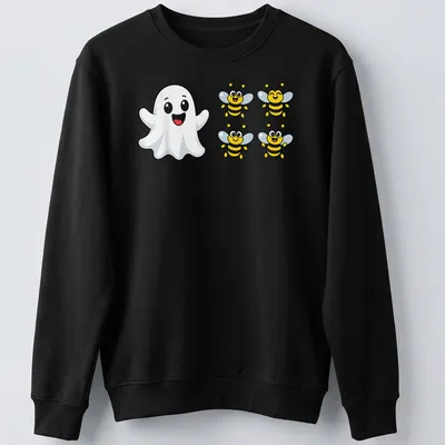 Kawaii Halloween shirt with a cute ghost and buzzing bees, printed text "Boo 4 Bees" — printed on a unisex sweatshirt