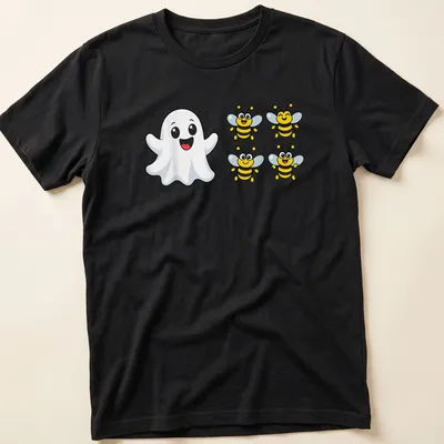 Kawaii Halloween shirt with a cute ghost and buzzing bees, printed text "Boo 4 Bees"