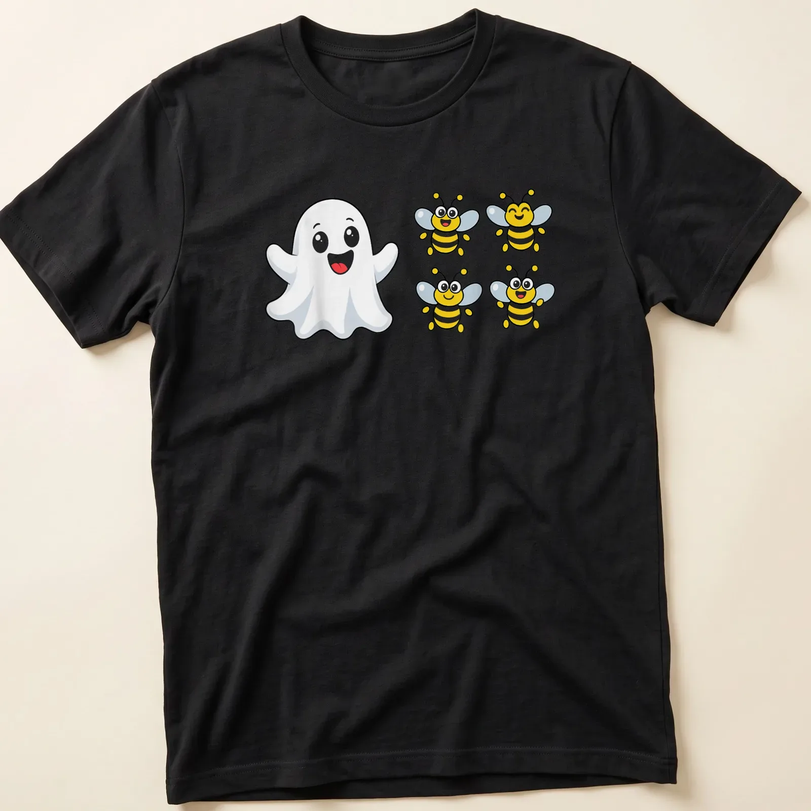 Kawaii Halloween shirt with a cute ghost and buzzing bees, printed text "Boo 4 Bees" — printed on a unisex t-shirt