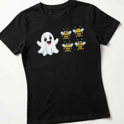 Kawaii Halloween shirt with a cute ghost and buzzing bees, printed text "Boo 4 Bees" — printed on a women's shirt