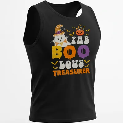 Playful cartoon ghost design with FAB BOO LOUS TREASURER text in bright colors. — printed on a tank top
