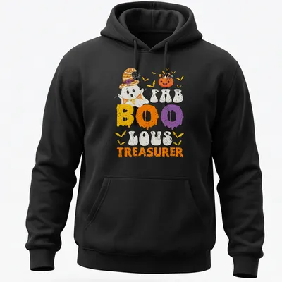 Playful cartoon ghost design with FAB BOO LOUS TREASURER text in bright colors. — printed on a unisex hoodie