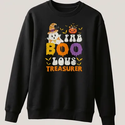 Playful cartoon ghost design with FAB BOO LOUS TREASURER text in bright colors. — printed on a unisex sweatshirt