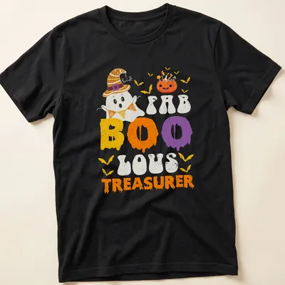 Playful cartoon ghost design with FAB BOO LOUS TREASURER text in bright colors.